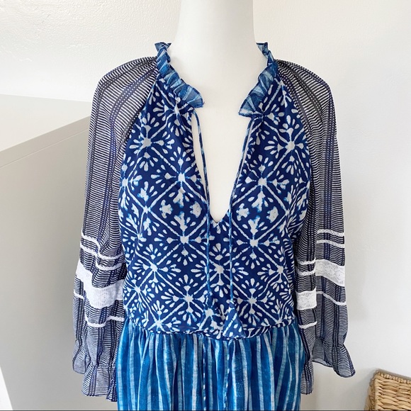 Hemant & Nandita Susan Indigo Dress Long Sheer Sleeve Gorgeous Mixed Boho Print - Picture 2 of 15